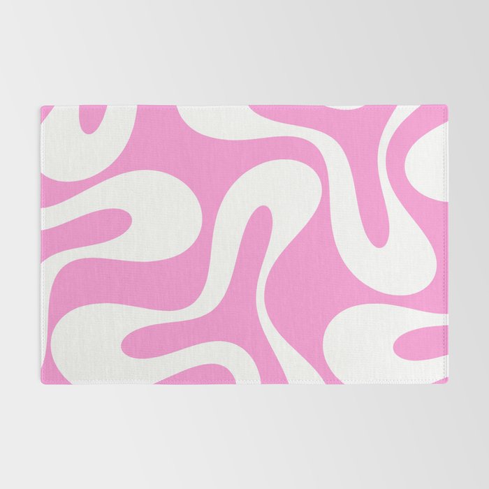 Retro Modern Soft Curves Abstract Pattern in Preppy Pink and White Rug Gallery Image 2