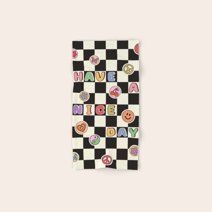 Have A Nice Day. Y2k Stickers, Black & White Checker Bath Towel Gallery Image 1