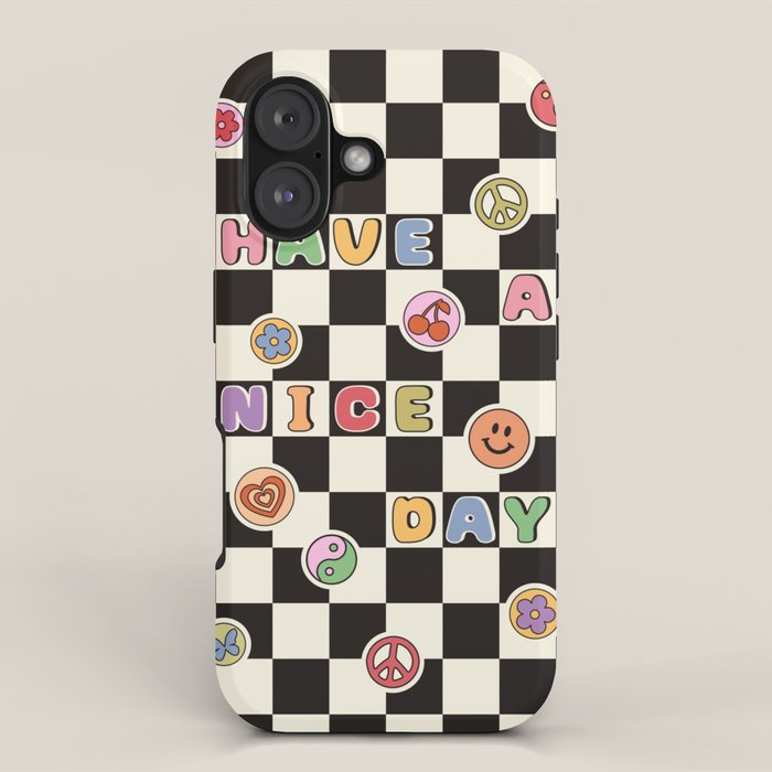 Have A Nice Day. Y2k Stickers, Black & White Checker iPhone Case Gallery Image 1