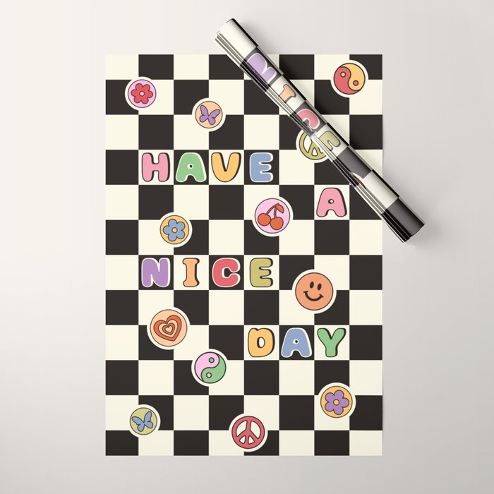 Have A Nice Day. Y2k Stickers, Black & White Checker Wrapping Paper Gallery Image 1