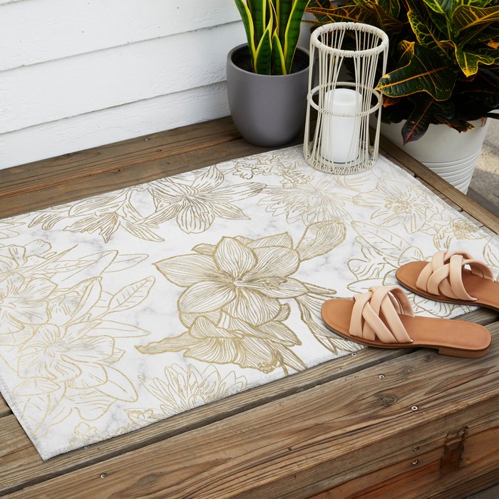Elegant modern white faux gold marble floral Outdoor Rug Gallery Image 2