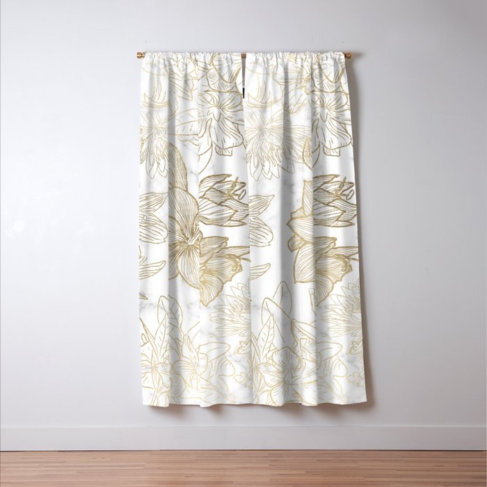 Elegant modern white faux gold marble floral Window Curtain Gallery Image 3