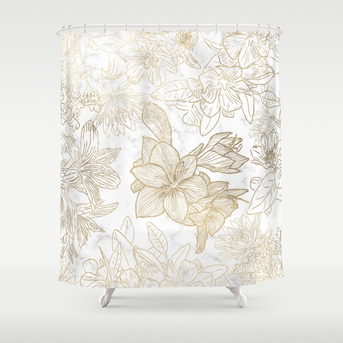 Elegant modern white faux gold marble floral Shower Curtain Gallery Image 1