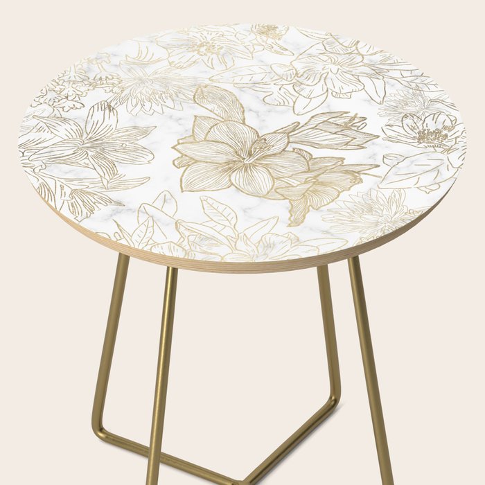 Elegant modern white faux gold marble floral Side Table Gallery Image 2