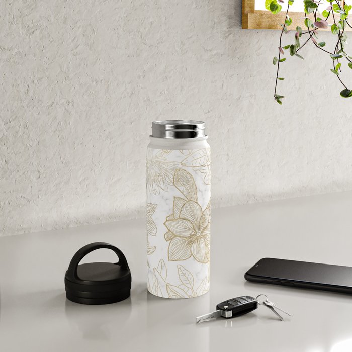 Elegant modern white faux gold marble floral Water Bottle Gallery Image 4