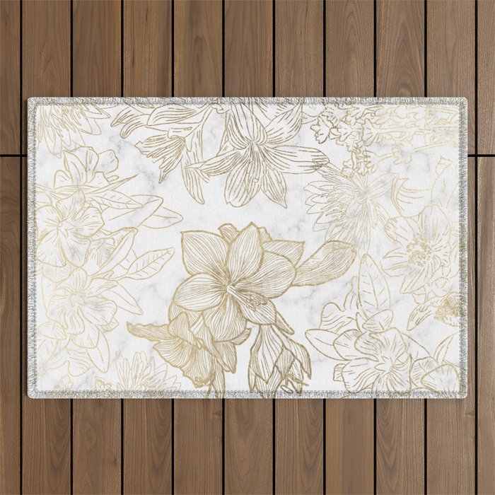 Elegant modern white faux gold marble floral Outdoor Rug Gallery Image 1