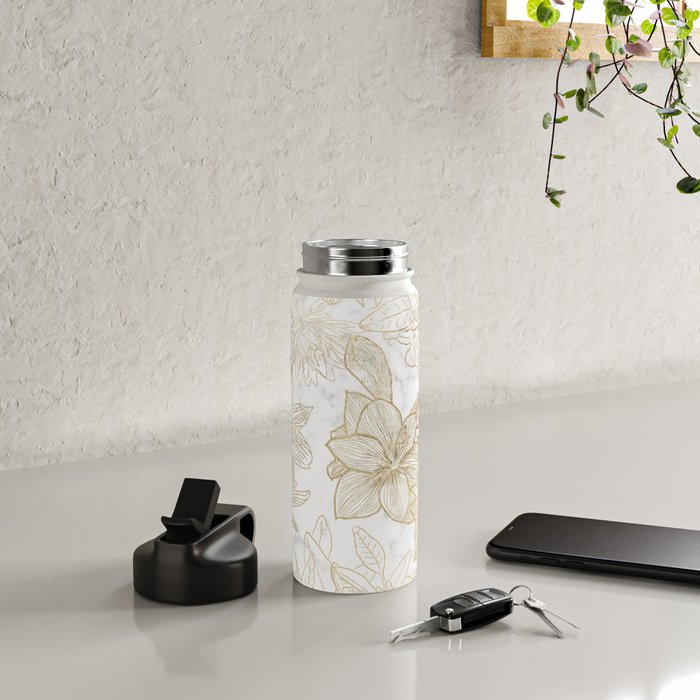 Elegant modern white faux gold marble floral Water Bottle Gallery Image 4