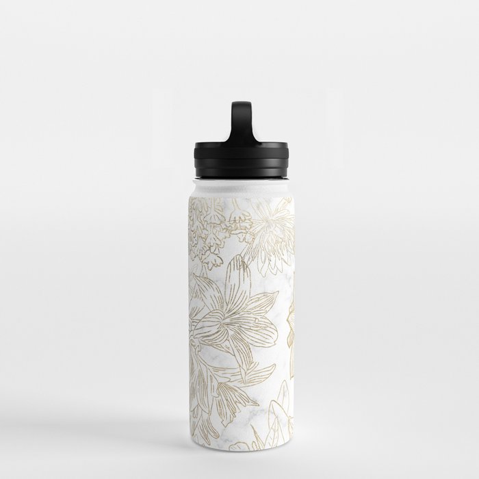 Elegant modern white faux gold marble floral Water Bottle Gallery Image 3