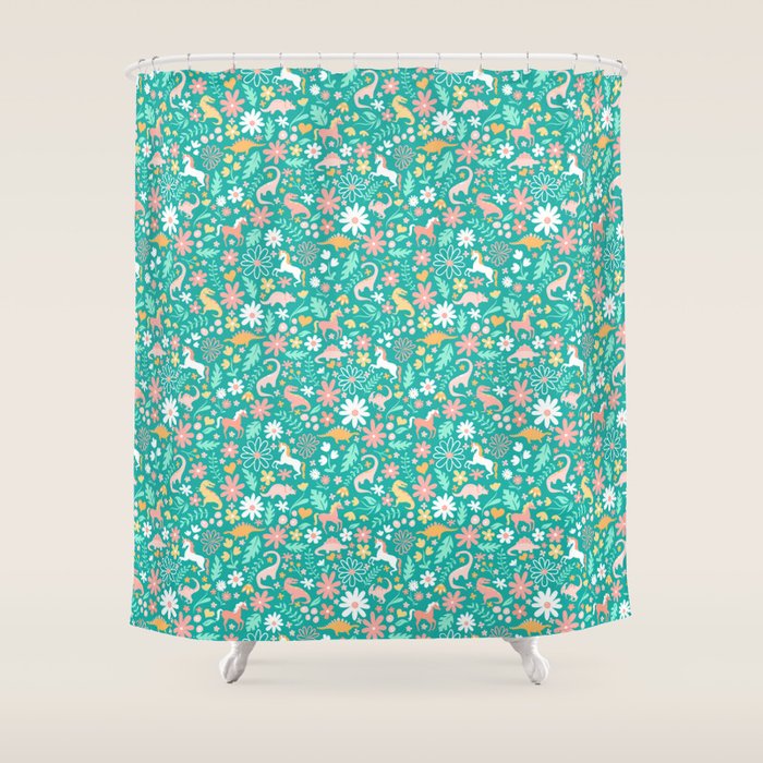 Dinosaurs + Unicorns on Teal Shower Curtain Gallery Image 1