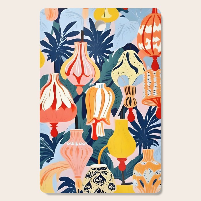 Let There Be Lamps, Lights Illustration Pattern Painting, Pastel Colorful Whimsical Eclectic, Tropical Palm Blush Celebration Festival Party Cutting Board Gallery Image 1