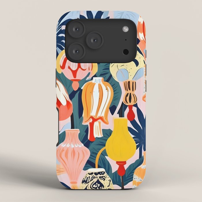 Let There Be Lamps, Lights Illustration Pattern Painting, Pastel Colorful Whimsical Eclectic, Tropical Palm Blush Celebration Festival Party iPhone Case Gallery Image 3