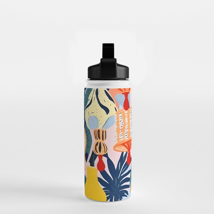 Let There Be Lamps, Lights Illustration Pattern Painting, Pastel Colorful Whimsical Eclectic, Tropical Palm Blush Celebration Festival Party Water Bottle Gallery Image 2