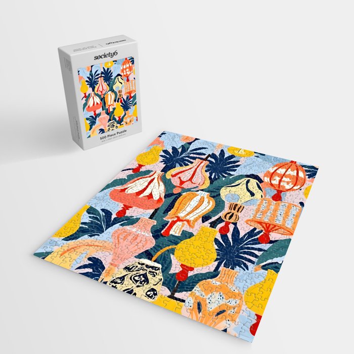 Let There Be Lamps, Lights Illustration Pattern Painting, Pastel Colorful Whimsical Eclectic, Tropical Palm Blush Celebration Festival Party Jigsaw Puzzle Gallery Image 2
