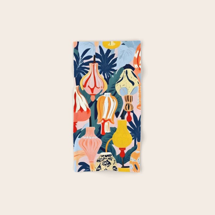 Let There Be Lamps, Lights Illustration Pattern Painting, Pastel Colorful Whimsical Eclectic, Tropical Palm Blush Celebration Festival Party Bath Towel Gallery Image 1