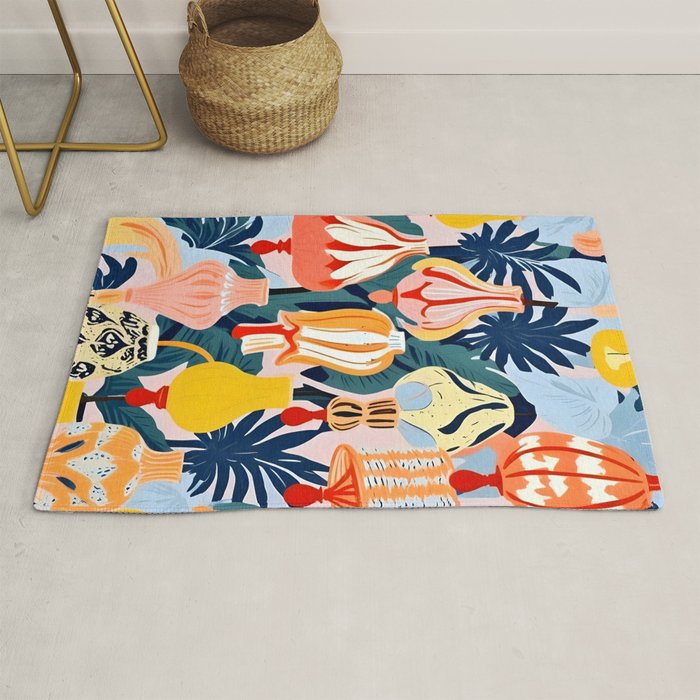 Let There Be Lamps, Lights Illustration Pattern Painting, Pastel Colorful Whimsical Eclectic, Tropical Palm Blush Celebration Festival Party Rug Gallery Image 1