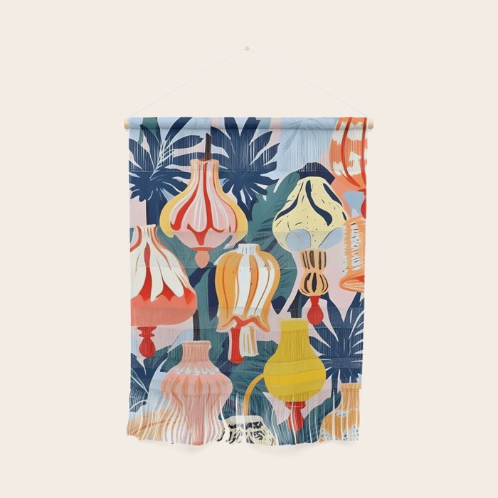 Let There Be Lamps, Lights Illustration Pattern Painting, Pastel Colorful Whimsical Eclectic, Tropical Palm Blush Celebration Festival Party Wall Hanging Gallery Image 1