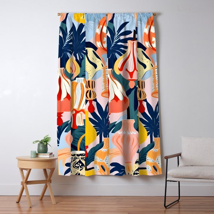Let There Be Lamps, Lights Illustration Pattern Painting, Pastel Colorful Whimsical Eclectic, Tropical Palm Blush Celebration Festival Party Window Curtain Gallery Image 5