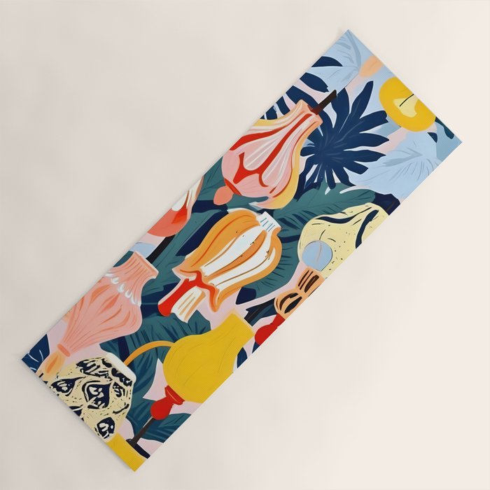 Let There Be Lamps, Lights Illustration Pattern Painting, Pastel Colorful Whimsical Eclectic, Tropical Palm Blush Celebration Festival Party Yoga Mat Gallery Image 1