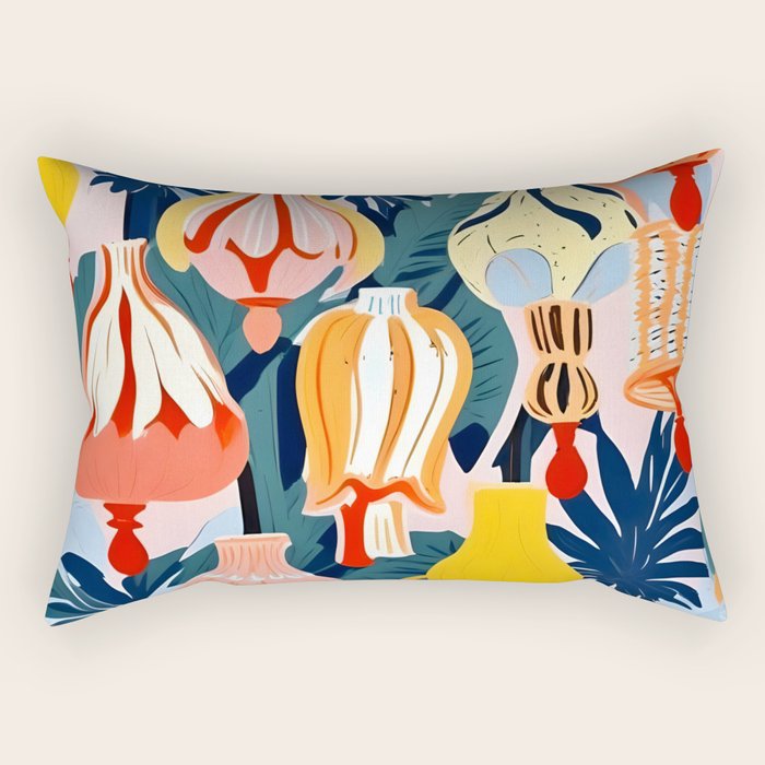 Let There Be Lamps, Lights Illustration Pattern Painting, Pastel Colorful Whimsical Eclectic, Tropical Palm Blush Celebration Festival Party Rectangular Pillow Gallery Image 1
