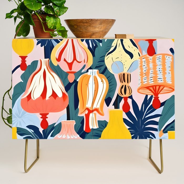 Let There Be Lamps, Lights Illustration Pattern Painting, Pastel Colorful Whimsical Eclectic, Tropical Palm Blush Celebration Festival Party Credenza Gallery Image 1