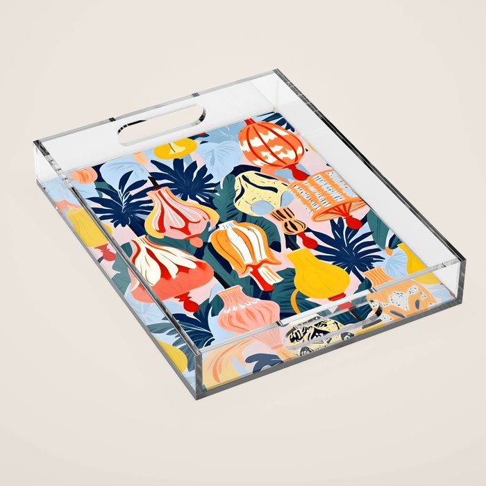 Let There Be Lamps, Lights Illustration Pattern Painting, Pastel Colorful Whimsical Eclectic, Tropical Palm Blush Celebration Festival Party Acrylic Tray Gallery Image 1