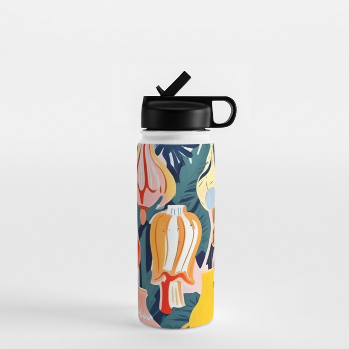 Let There Be Lamps, Lights Illustration Pattern Painting, Pastel Colorful Whimsical Eclectic, Tropical Palm Blush Celebration Festival Party Water Bottle Gallery Image 1