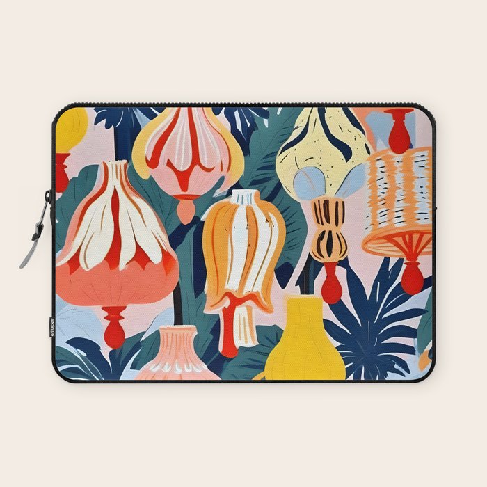 Let There Be Lamps, Lights Illustration Pattern Painting, Pastel Colorful Whimsical Eclectic, Tropical Palm Blush Celebration Festival Party Laptop Sleeve Gallery Image 1