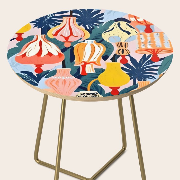 Let There Be Lamps, Lights Illustration Pattern Painting, Pastel Colorful Whimsical Eclectic, Tropical Palm Blush Celebration Festival Party Side Table Gallery Image 2
