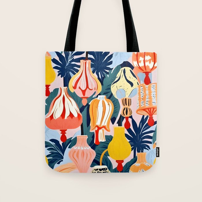 Let There Be Lamps, Lights Illustration Pattern Painting, Pastel Colorful Whimsical Eclectic, Tropical Palm Blush Celebration Festival Party Tote Bag Gallery Image 1