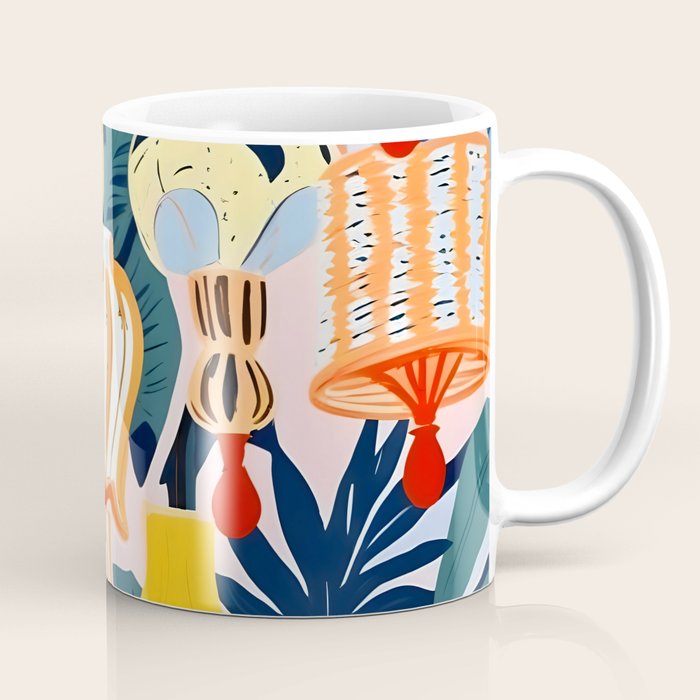 Let There Be Lamps, Lights Illustration Pattern Painting, Pastel Colorful Whimsical Eclectic, Tropical Palm Blush Celebration Festival Party Coffee Mug Gallery Image 1