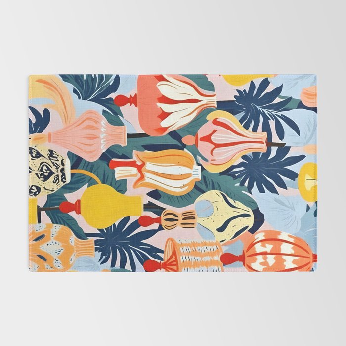 Let There Be Lamps, Lights Illustration Pattern Painting, Pastel Colorful Whimsical Eclectic, Tropical Palm Blush Celebration Festival Party Rug Gallery Image 2