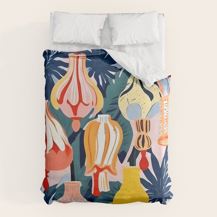 Let There Be Lamps, Lights Illustration Pattern Painting, Pastel Colorful Whimsical Eclectic, Tropical Palm Blush Celebration Festival Party Duvet Cover Gallery Image 6