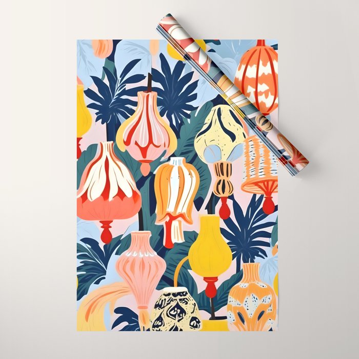 Let There Be Lamps, Lights Illustration Pattern Painting, Pastel Colorful Whimsical Eclectic, Tropical Palm Blush Celebration Festival Party Wrapping Paper Gallery Image 1