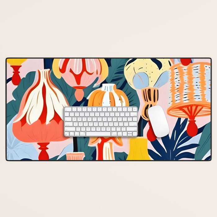 Let There Be Lamps, Lights Illustration Pattern Painting, Pastel Colorful Whimsical Eclectic, Tropical Palm Blush Celebration Festival Party Desk Mat Gallery Image 1