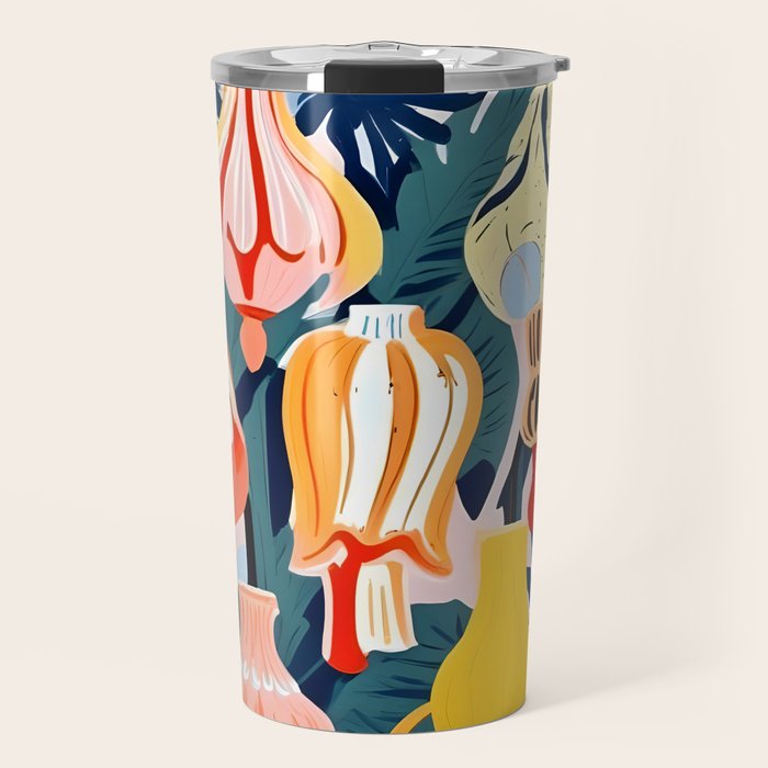 Let There Be Lamps, Lights Illustration Pattern Painting, Pastel Colorful Whimsical Eclectic, Tropical Palm Blush Celebration Festival Party Travel Mug