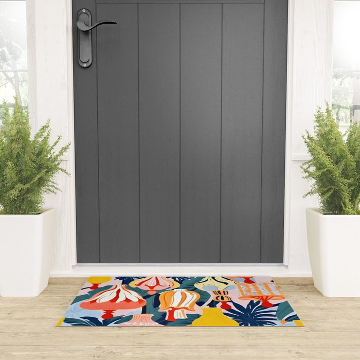 Let There Be Lamps, Lights Illustration Pattern Painting, Pastel Colorful Whimsical Eclectic, Tropical Palm Blush Celebration Festival Party Welcome Mat Gallery Image 3
