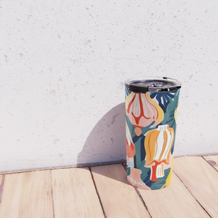 Let There Be Lamps, Lights Illustration Pattern Painting, Pastel Colorful Whimsical Eclectic, Tropical Palm Blush Celebration Festival Party Travel Mug Gallery Image 4