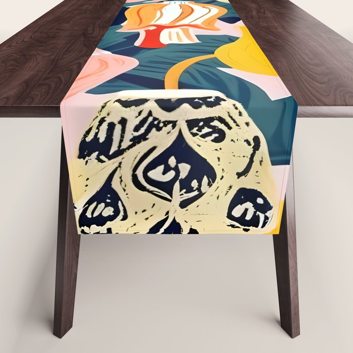 Let There Be Lamps, Lights Illustration Pattern Painting, Pastel Colorful Whimsical Eclectic, Tropical Palm Blush Celebration Festival Party Table Runner