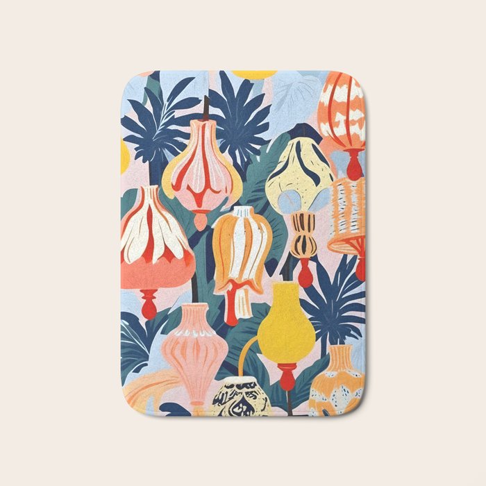 Let There Be Lamps, Lights Illustration Pattern Painting, Pastel Colorful Whimsical Eclectic, Tropical Palm Blush Celebration Festival Party Bath Mat Gallery Image 1