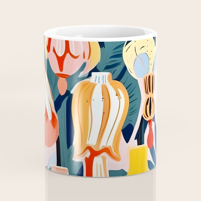 Let There Be Lamps, Lights Illustration Pattern Painting, Pastel Colorful Whimsical Eclectic, Tropical Palm Blush Celebration Festival Party Coffee Mug Gallery Image 4
