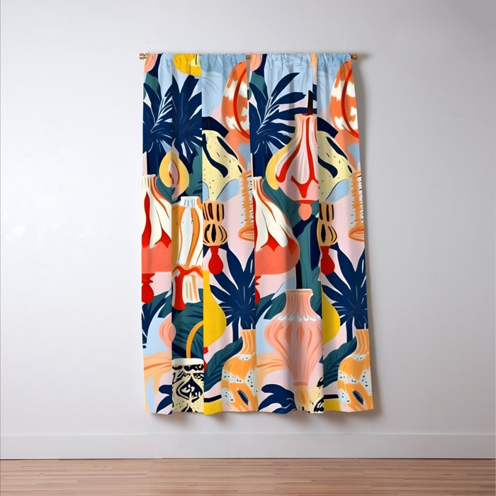 Let There Be Lamps, Lights Illustration Pattern Painting, Pastel Colorful Whimsical Eclectic, Tropical Palm Blush Celebration Festival Party Window Curtain Gallery Image 3