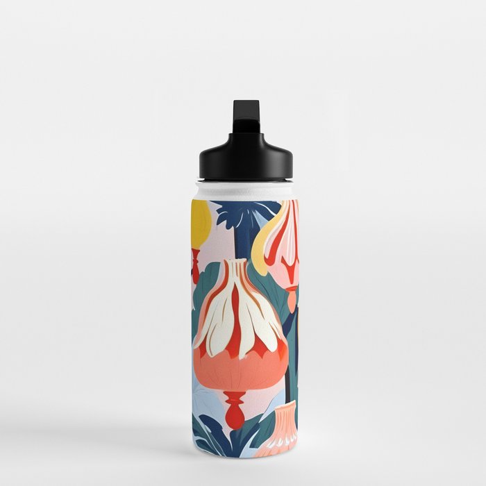 Let There Be Lamps, Lights Illustration Pattern Painting, Pastel Colorful Whimsical Eclectic, Tropical Palm Blush Celebration Festival Party Water Bottle Gallery Image 3