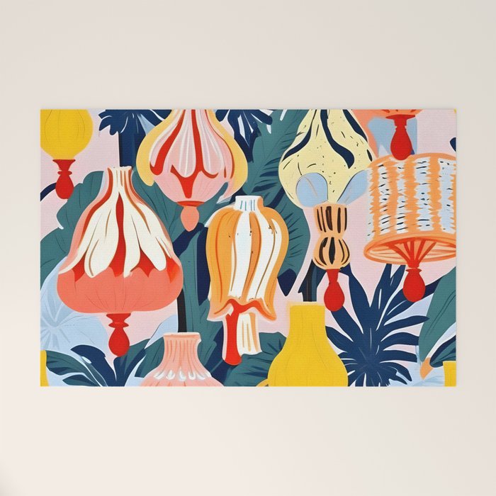 Let There Be Lamps, Lights Illustration Pattern Painting, Pastel Colorful Whimsical Eclectic, Tropical Palm Blush Celebration Festival Party Welcome Mat Gallery Image 1