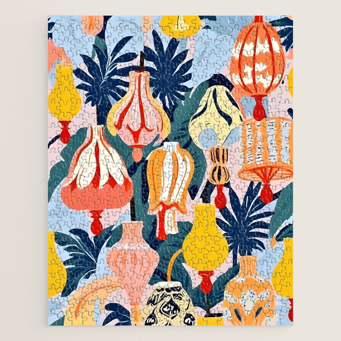 Let There Be Lamps, Lights Illustration Pattern Painting, Pastel Colorful Whimsical Eclectic, Tropical Palm Blush Celebration Festival Party Jigsaw Puzzle Gallery Image 1