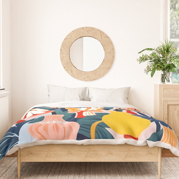 Let There Be Lamps, Lights Illustration Pattern Painting, Pastel Colorful Whimsical Eclectic, Tropical Palm Blush Celebration Festival Party Duvet Cover Gallery Image 3
