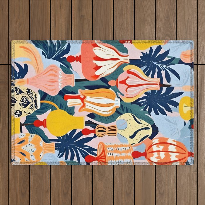 Let There Be Lamps, Lights Illustration Pattern Painting, Pastel Colorful Whimsical Eclectic, Tropical Palm Blush Celebration Festival Party Outdoor Rug Gallery Image 1