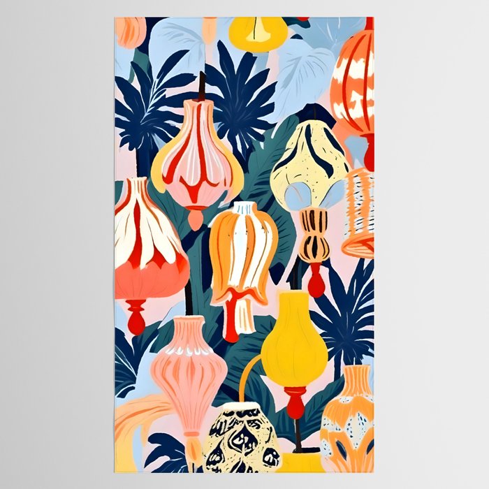 Let There Be Lamps, Lights Illustration Pattern Painting, Pastel Colorful Whimsical Eclectic, Tropical Palm Blush Celebration Festival Party Tablecloth Gallery Image 2