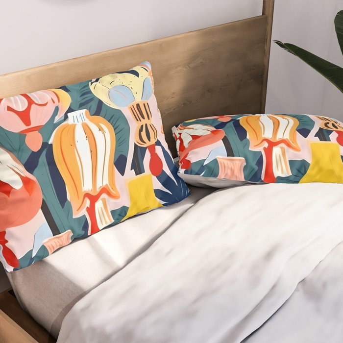 Let There Be Lamps, Lights Illustration Pattern Painting, Pastel Colorful Whimsical Eclectic, Tropical Palm Blush Celebration Festival Party Pillow Sham Gallery Image 2