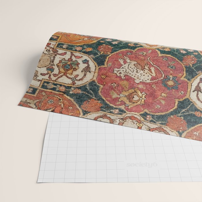 Persian Medallion Rug V // 16th Century Distressed Red Green Blue Flowery Colorful Ornate Pattern Wrapping Paper Gallery Image 2