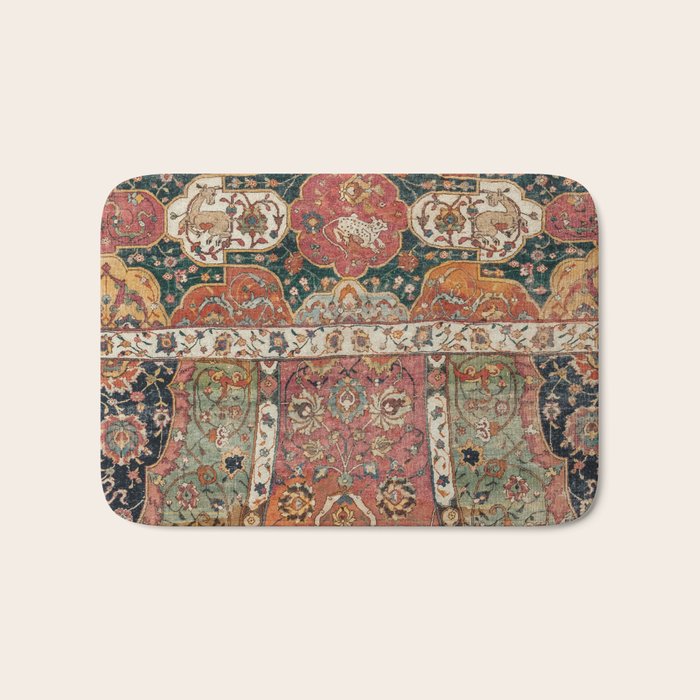 Persian Medallion Rug V // 16th Century Distressed Red Green Blue Flowery Colorful Ornate Pattern Bath Mat Gallery Image 1